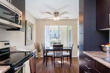 Furnished kitchen and dining room with a ceiling fan